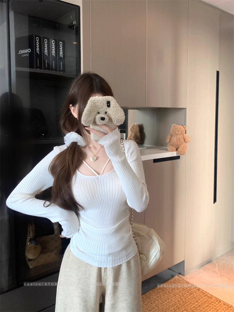 デコルテデザイン リブニット レディース 韓国 ファッション ストレッチ スリムフィット 長袖 ニットトップス