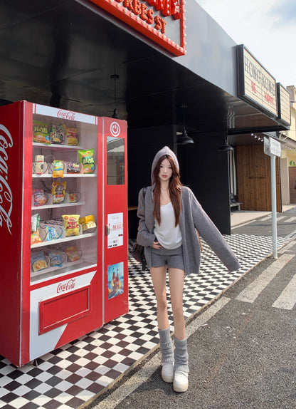 ニット パーカー セットアップ レディース ニット ショートパンツ 上下セット ゆったりフード付き カーディガン ＆ ニットショートパンツ 2点セット