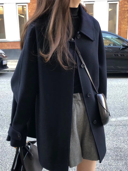 ミドル丈 コート レディース 韓国 ファッション シングルボタン カラーコート ネイビー ブラウン ２カラー