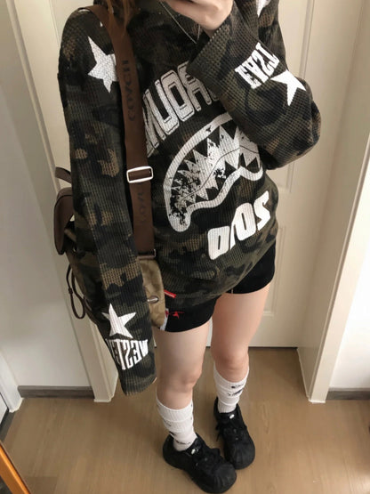 韓国ストリート 星柄 カモフラージュ柄 ワッフル ロングTシャツ レディース オーバーサイズ Y2K