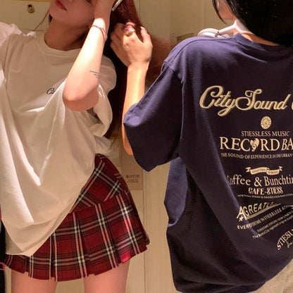 Ｔシャツ レディース 韓国 ビッグシルエット バックロゴ 半袖 T トップス  オーバーサイズ 夏 ゆったりＴシャツ 白 ネイビー