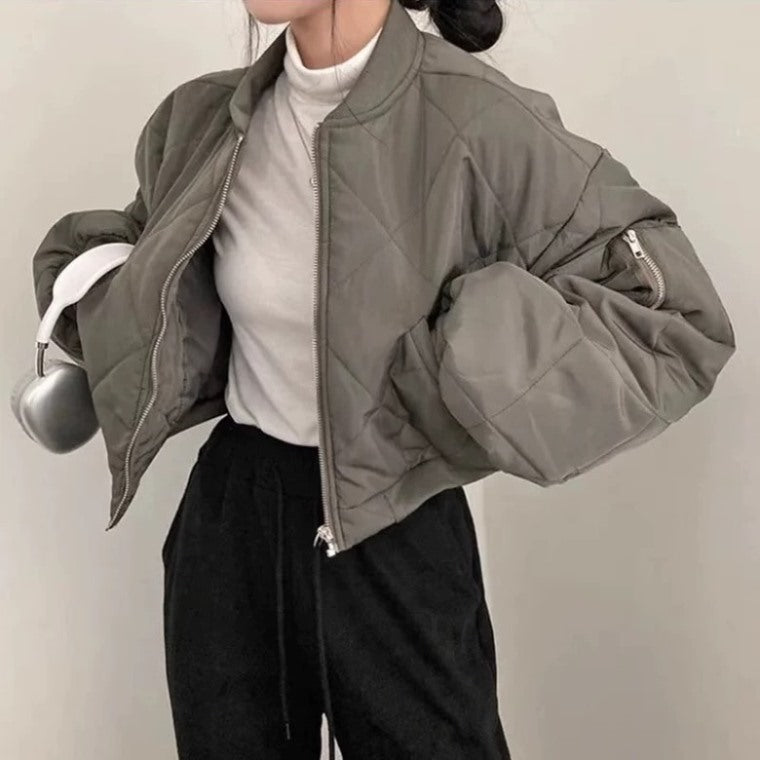 キルティング ブルゾン レディース 韓国 ファッション クロップド ワイドシルエット ノーカラー ジャケット