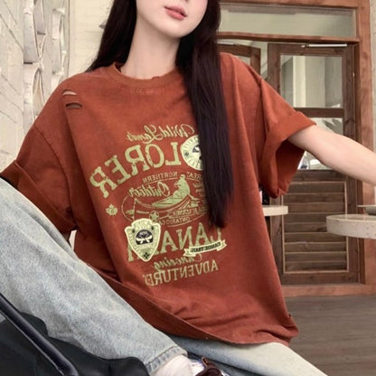 ユーズド加工 Tシャツ レディース 韓国 ファッション クラッシュ ダメージ プリント ヴィンテージTシャツ