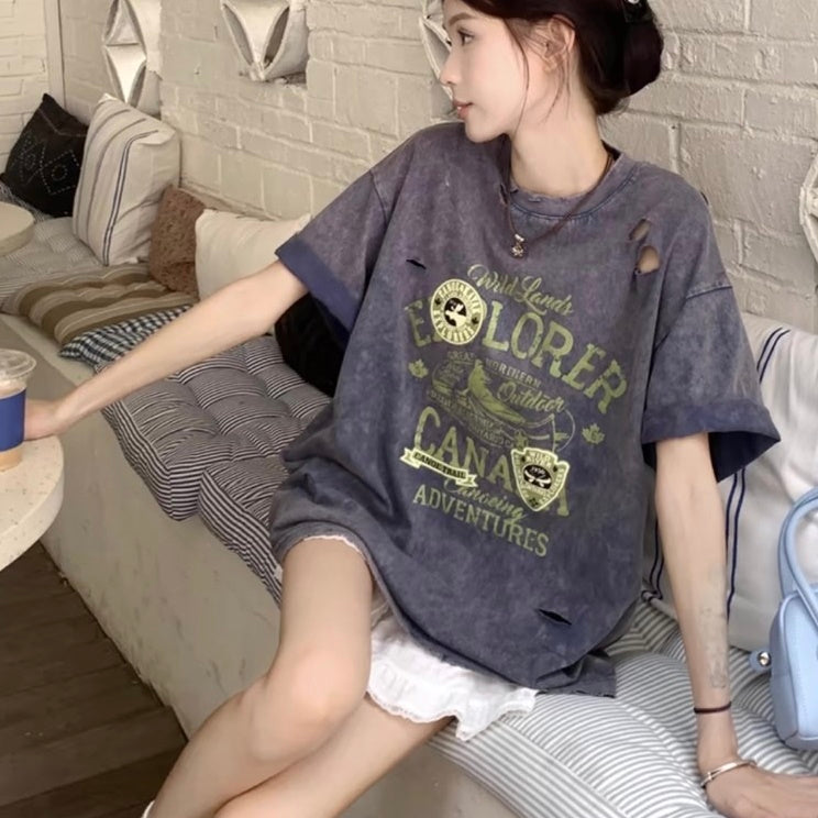 ユーズド加工 Tシャツ レディース 韓国 ファッション クラッシュ ダメージ プリント ヴィンテージTシャツ