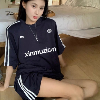 セットアップ レディース ライン Tシャツ ハーフパンツ 上下セット 韓国 ファッション 夏 オーバーサイズ スポーティー ２点セット