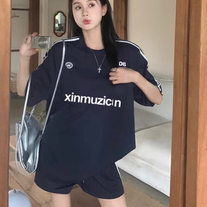 セットアップ レディース ライン Tシャツ ハーフパンツ 上下セット 韓国 ファッション 夏 オーバーサイズ スポーティー ２点セット