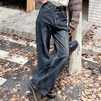 フレア デニムパンツ レディース 韓国 ファッション ベーシック ジーンズ インディゴブルー ビンテージ加工 ワイドパンツ デニム