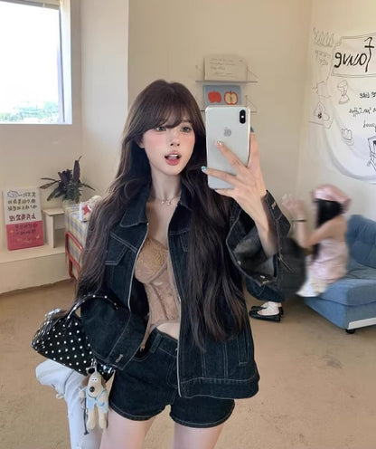 デニム セットアップ ショートパンツ レディース 韓国 ファッション レトロ デニム ジップジャケット デニム ショートパンツ 2点セット