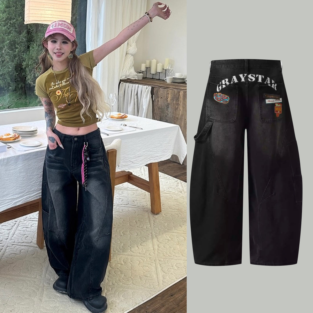 バック ロゴ デニムパンツ レディース ペインター ワイド デニム 韓国 ファッション ユーズド加工 ジーンズ