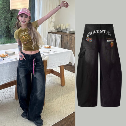 バック ロゴ デニムパンツ レディース ペインター ワイド デニム 韓国 ファッション ユーズド加工 ジーンズ