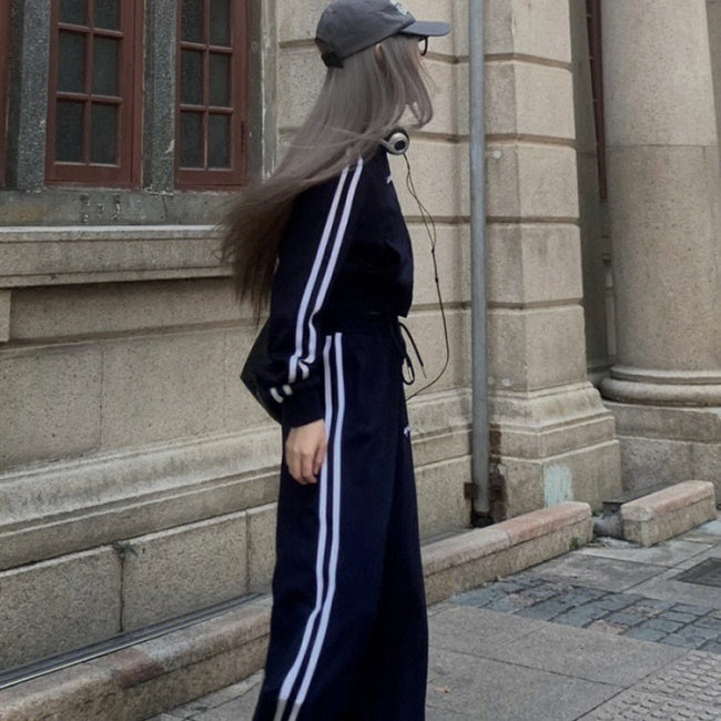 ジャージ セットアップ レディース 韓国 ファッション サイドライン クロップド ジャケット フレア ワイドパンツ 上下セット