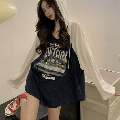 パーカー ロングTシャツ レディース 韓国  ロゴ プリント  オーバーサイズ ラグラン フード ロンT 春夏