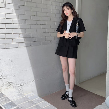 セットアップ レディース 韓国 ファッション ミニスカート 半袖 ジャケット ベージュ 黒 スーツ 上下セット ツーピース