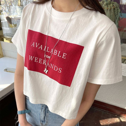 クロップ Tシャツ レディース 韓国 ファッション 夏 半袖 バイカラー ロゴ プリント メッセージ T 半袖 ゆるフィット