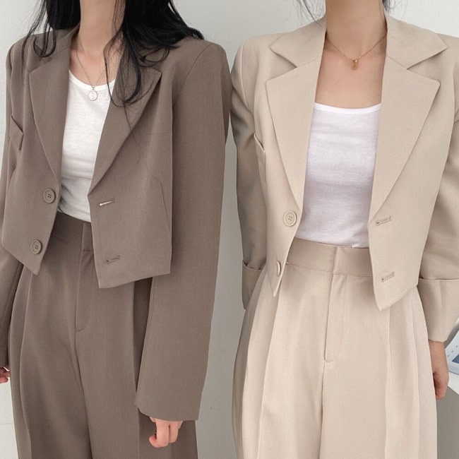 ショートジャケット セットアップ レディース 韓国 ファッション ワイドパンツ カジュアルスーツ