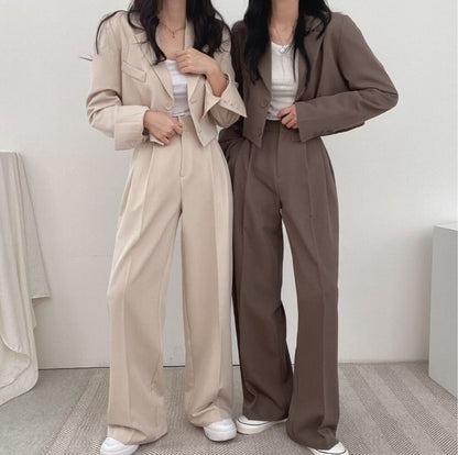 ショートジャケット セットアップ レディース 韓国 ファッション ワイドパンツ カジュアルスーツ