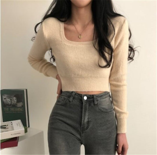 ショート丈トップス スクエアネック リブニット カットソー 長袖 韓国 ファッション レディース 秋