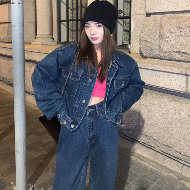 デニム セットアップ レディース 韓国 ファッション デニムジャケット ワイドパンツ オーバーサイズ 上下セット