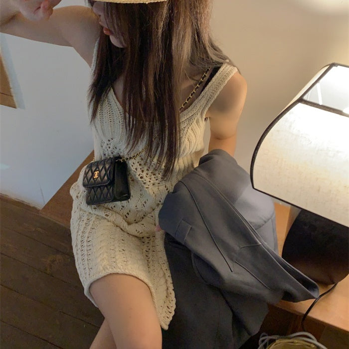 クロシェ ワンピース 韓国 ファッション レディース ノースリーブ ミニワンピース 夏 カバーアップ かぎ針編み 編み柄 シースルー ワンピ
