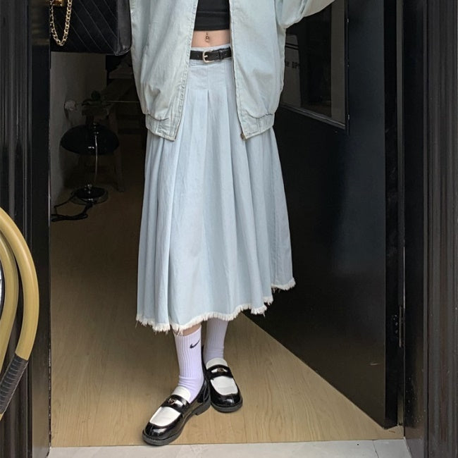 ライトデニム セットアップ レディース 韓国 ファッション デニム生地 オーバーサイズ ブルゾン ロングスカ―ト 上下セット