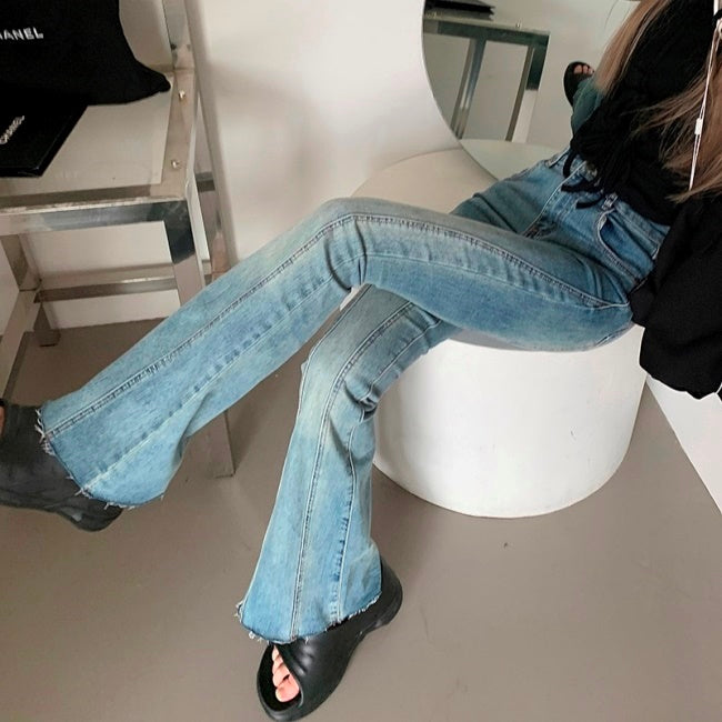 タイト フレア デニムパンツ レディース 韓国 ファッション きれいめジーンズ フロントステッチ デニム