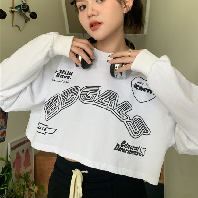クロップド ロングTシャツ レディース 韓国 ファッション ロゴ ロンT 長袖 オーバーサイズ ショート丈 クロップトップ
