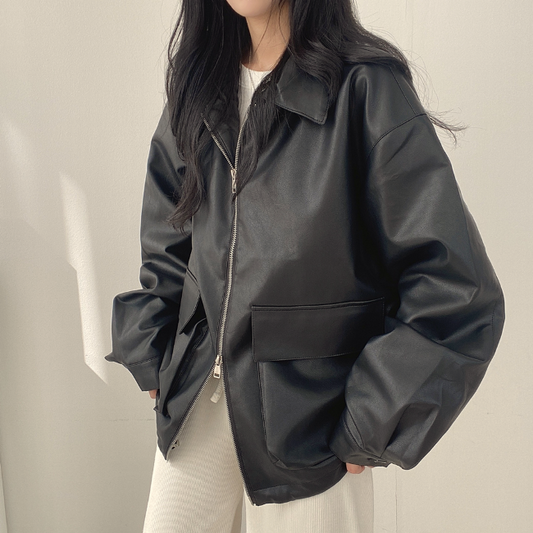 オーバーサイズ エコレザー ジャケット レディース 韓国 ファッション 秋 メンズライク フェイクレザー ブルゾン