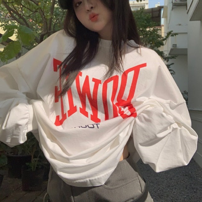 ロゴ ロングTシャツ レディース 韓国 ストリート ロゴプリント 春トップス ビッグシルエット ロンT