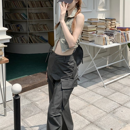 カーゴパンツ レディース 韓国 ファッション 夏 サイドポケット ミリタリー パンツ カジュアル アウトドア ワイド フレア パンツ