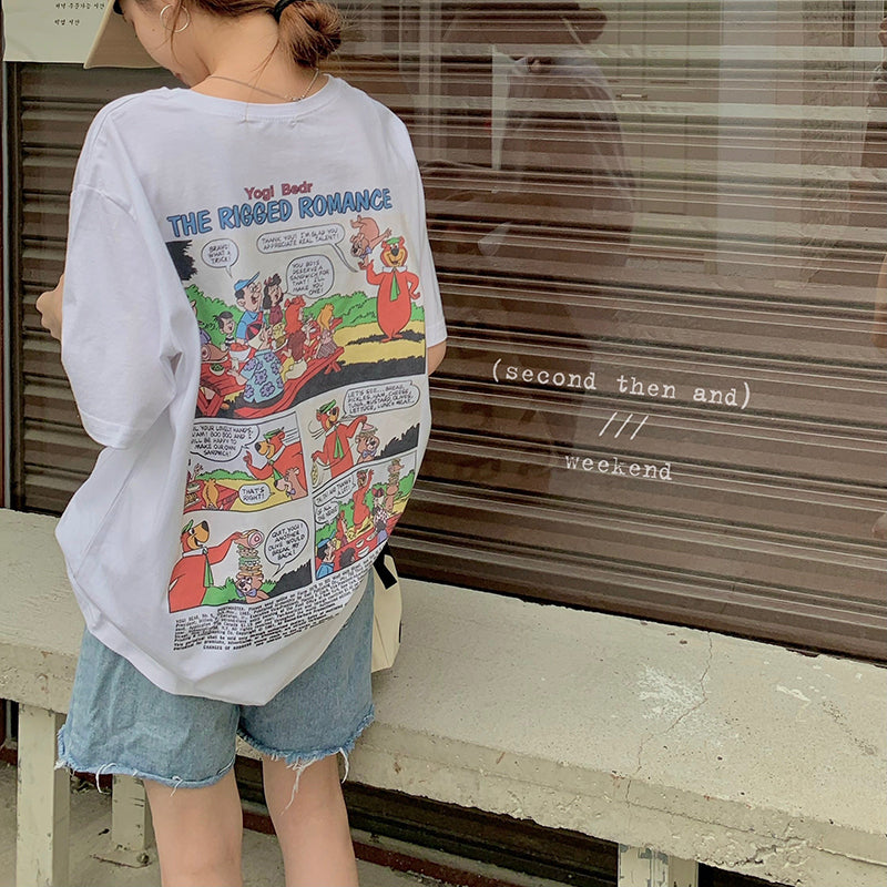 Ｔシャツ レディース バックプリント レディース 韓国 ファッション アメリカン コミック ビッグT 夏 トップス