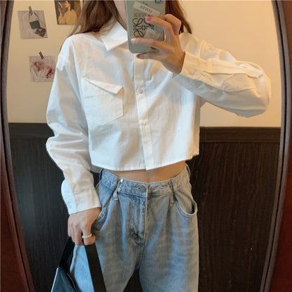 クロップドシャツ 白 ブラウス レディース 韓国 ファッション クロップトップ  春コーデ 長袖シャツ シンプル
