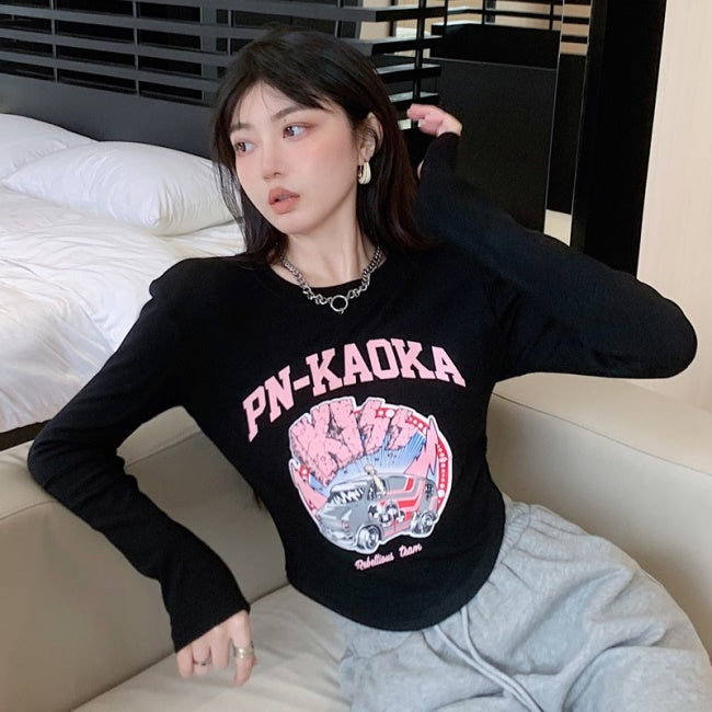 プリント ロングTシャツ レディース ロゴプリント ショルダーパット トップス 韓国 ファッション ロゴプリント アメカジ