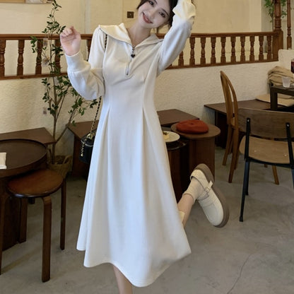 ハーフジップ フレア ワンピース  韓国 ファッション Aライン カットソー ハートチャーム ロングワンピース