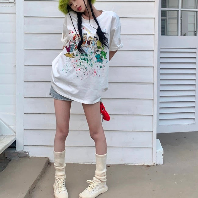 キャラ T レディース ビッグ Ｔシャツ  韓国 ファッション 半袖 キャラクター プリント オーバーサイズ T 夏 トップス