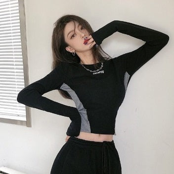 クロップド トップス レディース バイカラー ストレッチ カットソー 韓国 ファッション スポカジ ロンT 春