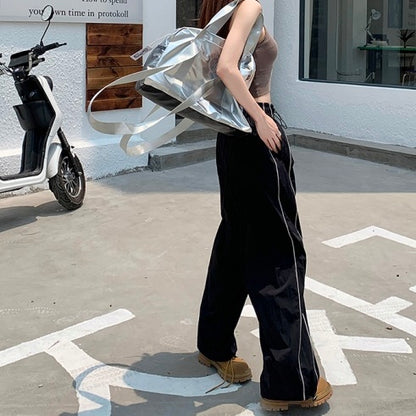 ナイロンパンツ レディース 韓国 ファッション サイドライン シャカパン 裾絞り ストリート スポーツミックス