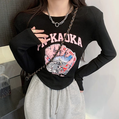 プリント ロングTシャツ レディース ロゴプリント ショルダーパット トップス 韓国 ファッション ロゴプリント アメカジ