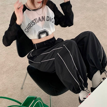 ナイロンパンツ レディース 韓国 ファッション サイドライン シャカパン 裾絞り ストリート スポーツミックス