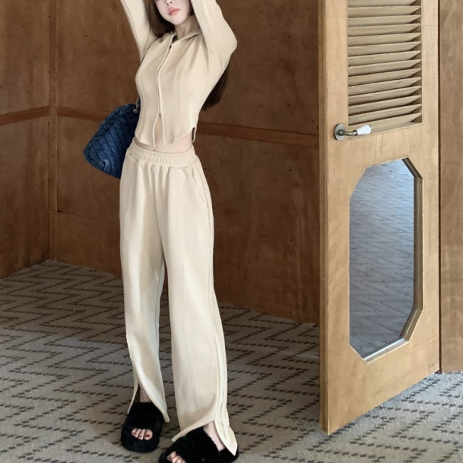クロップド ジャージ セットアップ レディース 韓国 ファッション スウェット ワイドパンツ クロップドジャケット 上下セット