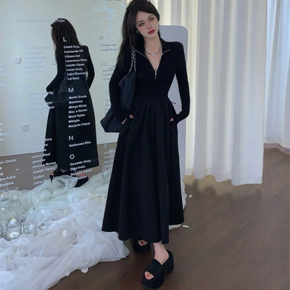 黒 ワンピース 韓国 ファッション レディース フレア Aライン ロングワンピース Vネック