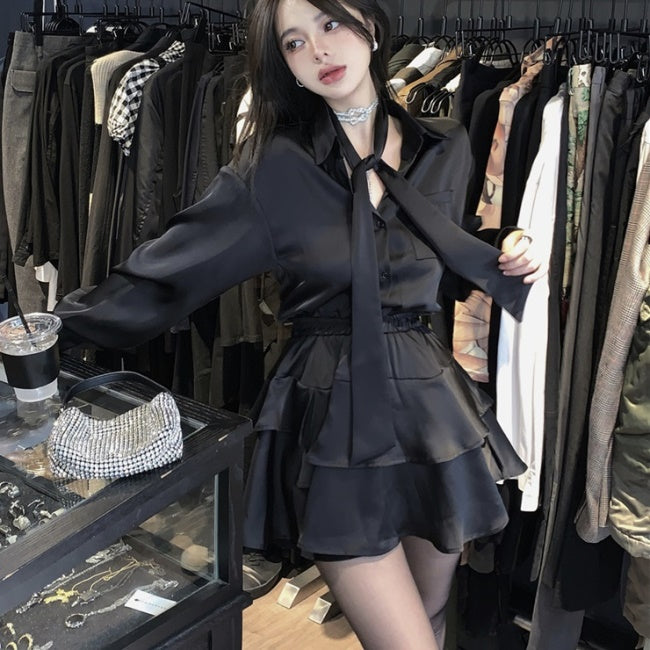 セットアップ レディース ブラウス フレアミニスカート 上下セット 韓国 ファッション リボンタイ 黒 コーデセット