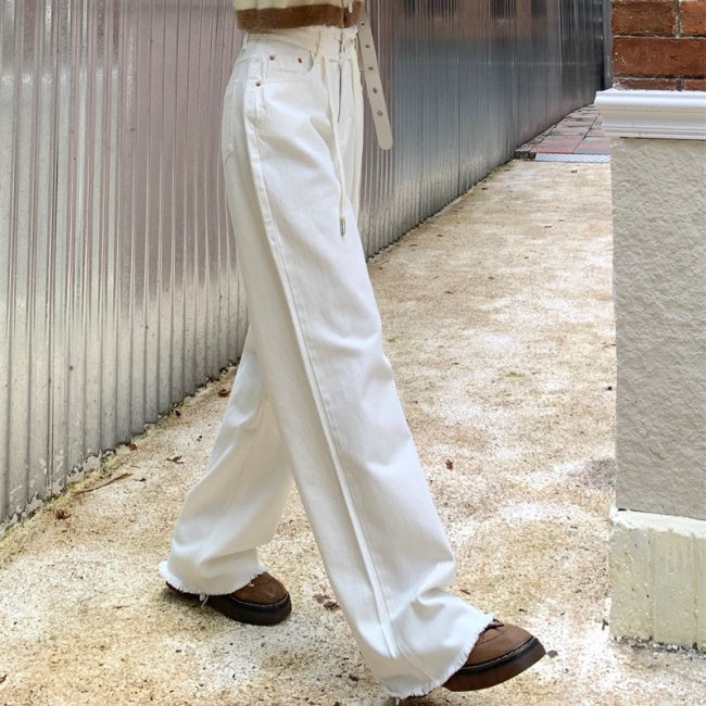 ホワイト デニム ワイドパンツ レディース 韓国 ファッション カットオフ ワイドシルエット ハイウエスト ウエストコード イージパンツ