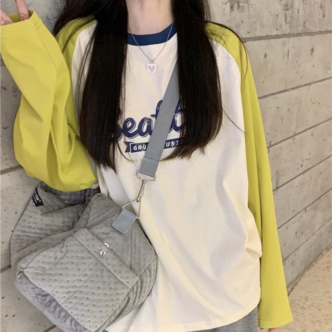 ラグラン ロングTシャツ レディース 韓国 ファッション ロゴ プリント オーバーサイズ ロンＴ
