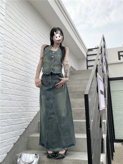 デニム セットアップ レディース 夏 デニム ベスト ロングスカート 韓国 ファッション 上下セット ダメージ加工 デニムセット