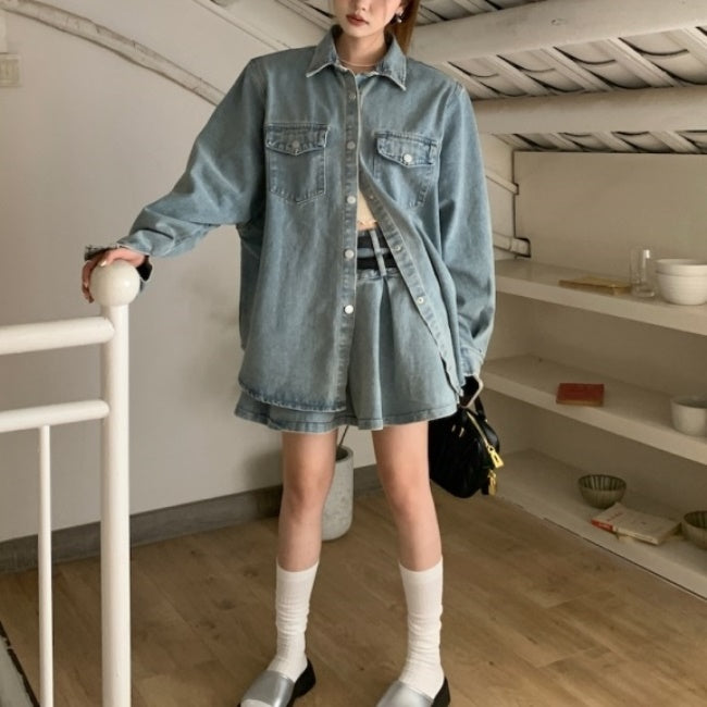 デニム セットアップ レディース 韓国 ファッション デニム ジャケット プリーツ ミニスカート 上下セット