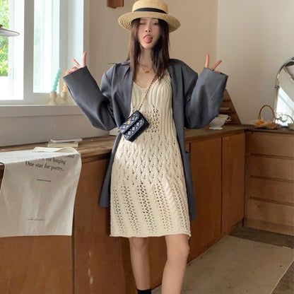 クロシェ ワンピース 韓国 ファッション レディース ノースリーブ ミニワンピース 夏 カバーアップ かぎ針編み 編み柄 シースルー ワンピ