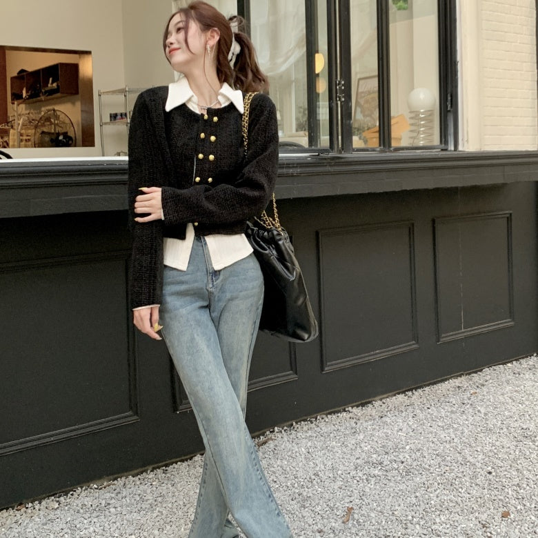 クロップド ノーカラージャケット シャツ セット  韓国 ファッション レディース 白シャツ アンサンブル