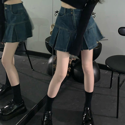 デニム プリーツ ミニスカート レディース 韓国 ファッション デニムスカート 切り替えプリーツ フレア スカート