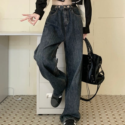 デニムパンツ レディース ワイドストレート レディース 韓国 ファッション ジーンズ  ウエスト調整 ボタン