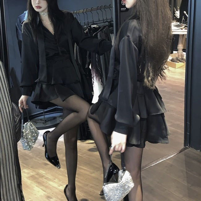 セットアップ レディース ブラウス フレアミニスカート 上下セット 韓国 ファッション リボンタイ 黒 コーデセット